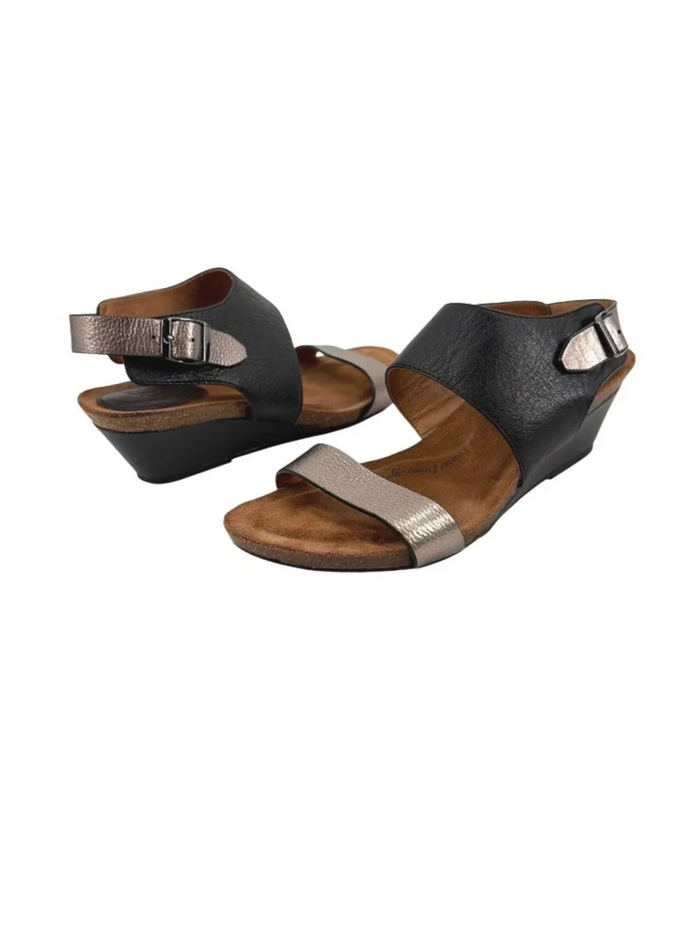 Söfft Vanita Open-Toe Sandals Leather Womens Size 8M Black Silver Wedge Boho